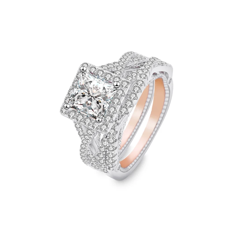 

New Fashion Luxury Gold Plated Engagement Jewelry Separation Color Square Full Inlay Zircon Diamond Ring