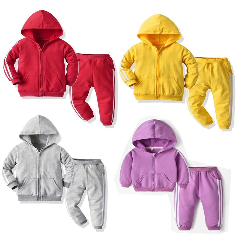 

Wholesale girls spring kids hooded sport clothes sets white trim children clothing sets with pocket, As picture show