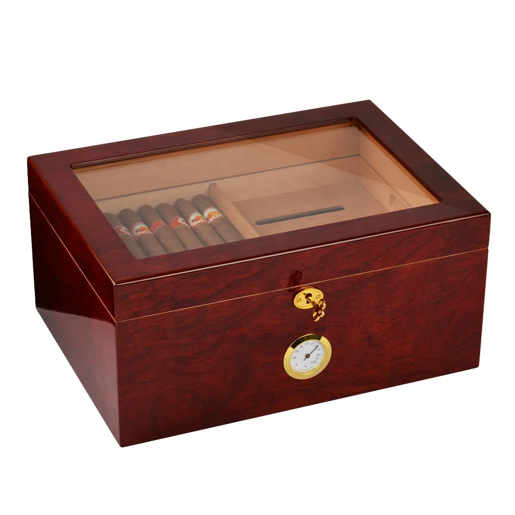 

Professional portable cedar wood cigar case Glossy Surface hygrometer cigar humidor box travel custom wooden cigar box, Brown or customized color
