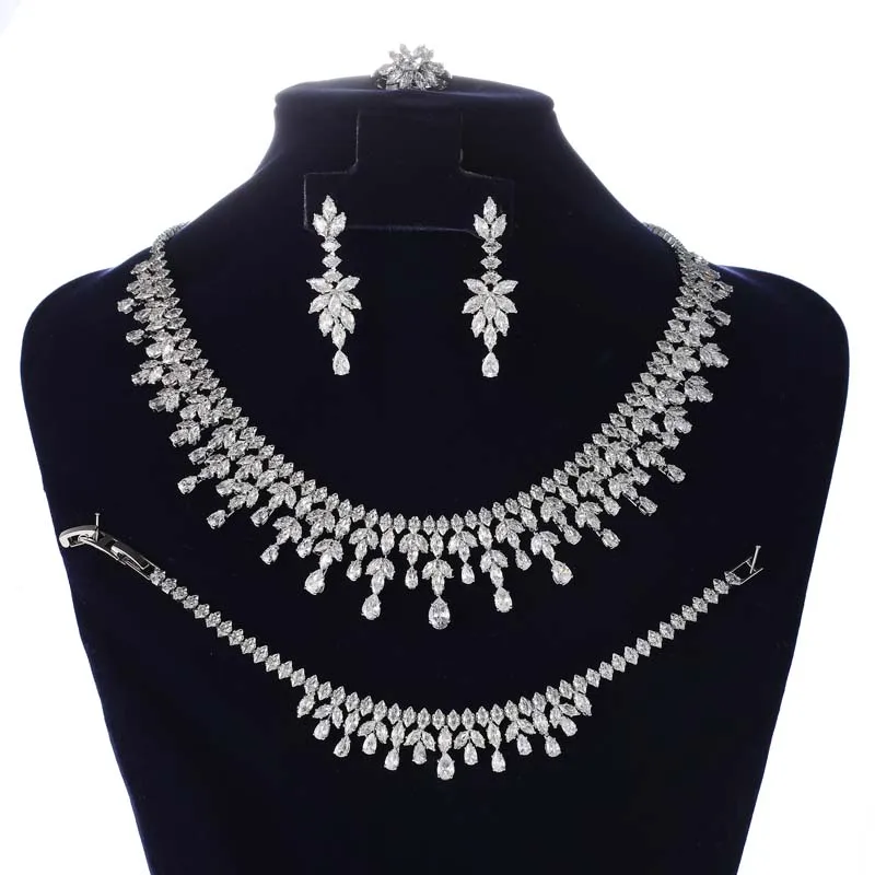 4pcs Flower Drop Big Cubic Zircon Dubai Woman Party Costume Jewelry Sets for Brides Wedding Luxury BN8593 Bijoux Femme Ensembl