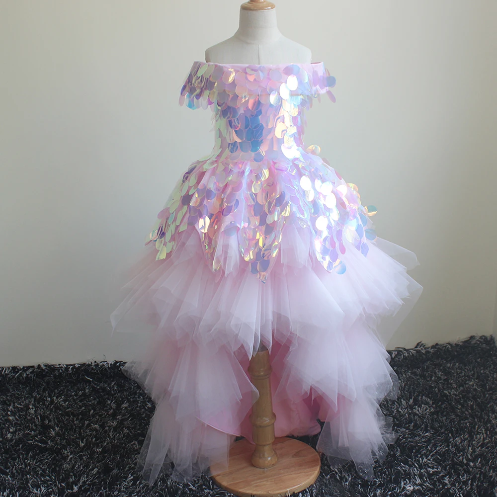 

Pink off shoulder sparkling sequin front short back long princess puffy flower girl dress 2019 pageant gown