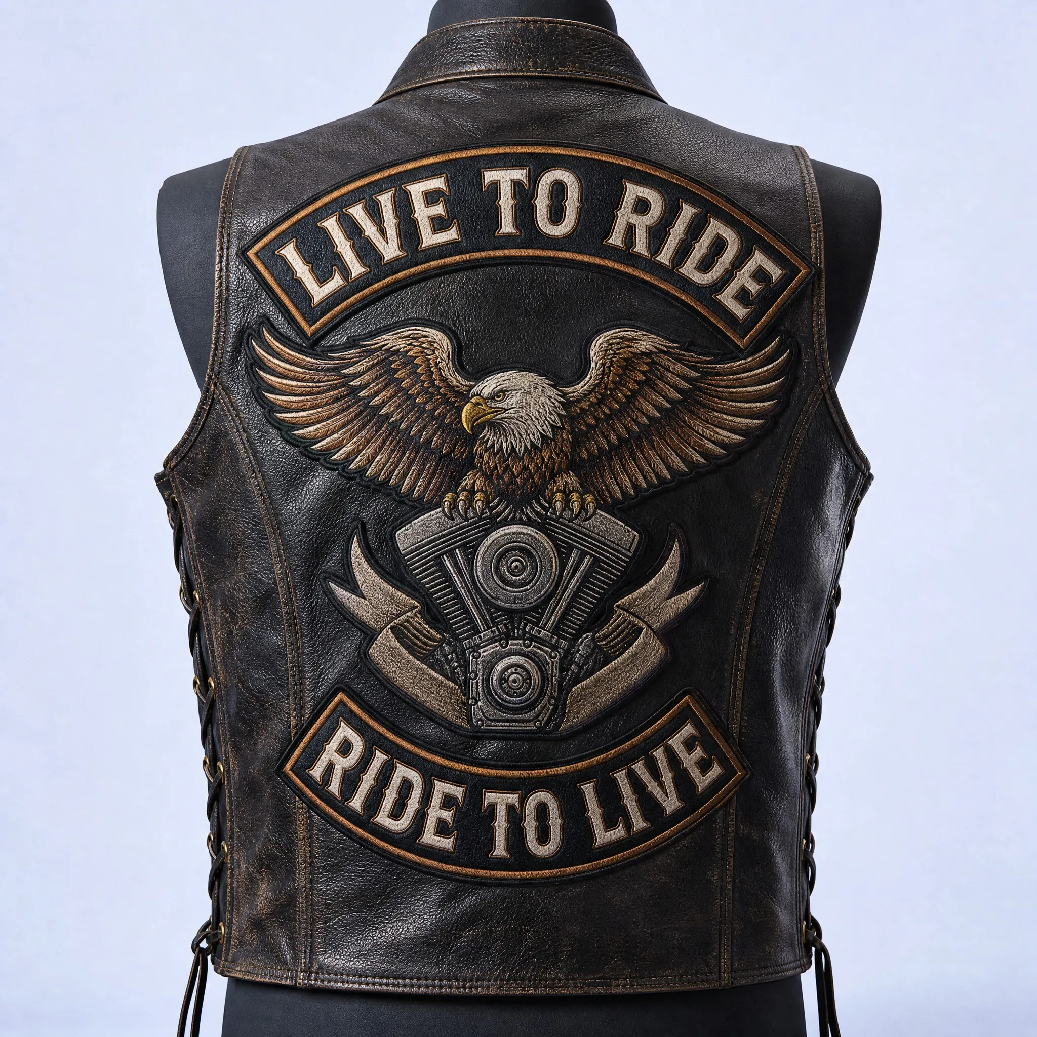 Distressed Brown Cowhide Leather Biker Vest with Full 3-Piece Back Patch Set: Top Rocker Live to Ride, Center Eagle V-Twin, and Bottom Rocker Ride to Live
