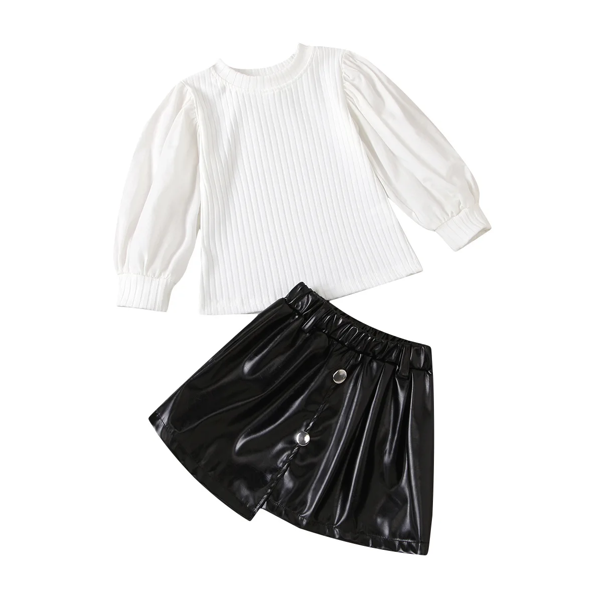 

Vogue Girls Autumn Clothing Set Long Sleeve Round Collar Stripe Tops + Irregular Leather Skirt