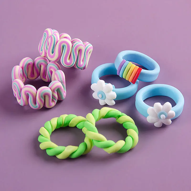 

2021 Hot Selling Kid Ring Amazon New Design Polymer Clay Ring Wholesale Cute Ring For Child, Pink blue green black white