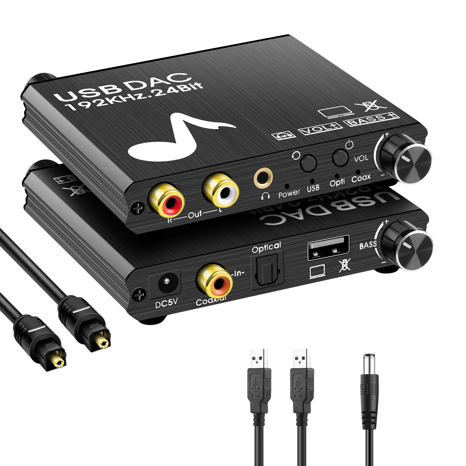 

Laptop USB Sound Card Input Digital to Analog Converter DAC with Bass&Volume Adjustment Optical/Coaxial In to RCA/Headphone Out