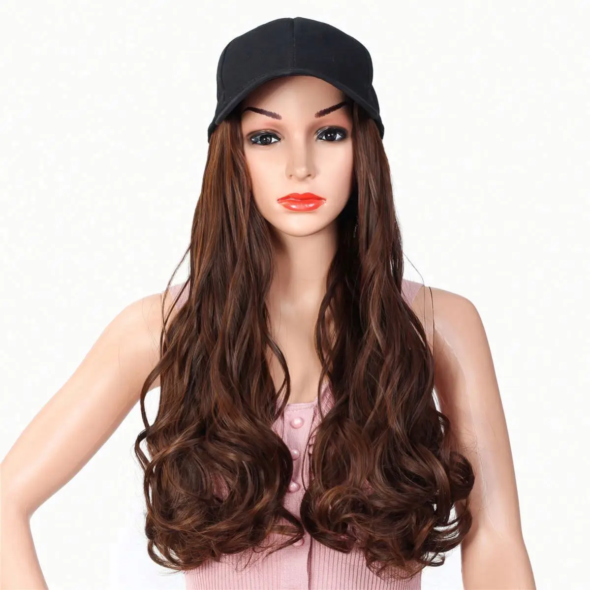 

MYZYR Fake Hair Hat Wig Synthetic Hair Extensions Hat with Hairnatural Hairpiece Baseball Capwith Hair Long Wavy for Women Short, Pink,black