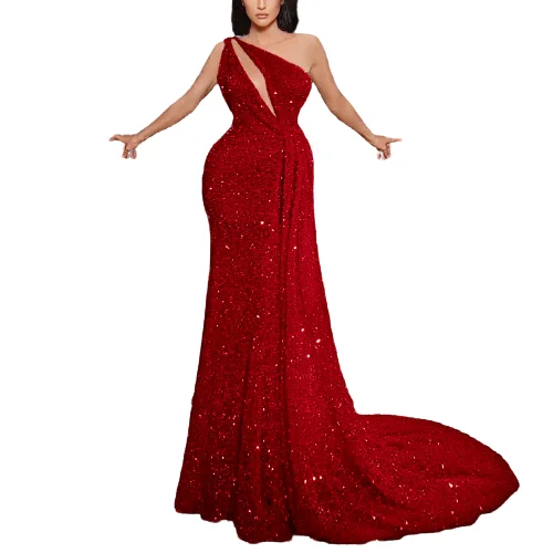 

2021 Sequined Slim Red Evening Prom Dress Fashion One Shoulder Hollow Out Elegant Cocktail Wedding Party, Custom made