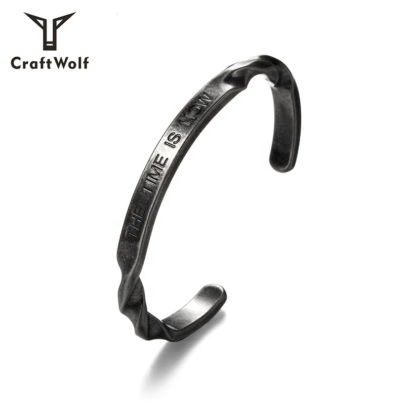 

Craft Wolf custom jewelry men women gold silver titanium cuff 316L stainless steel twisted bangle bracelet, Old silver, gun gray