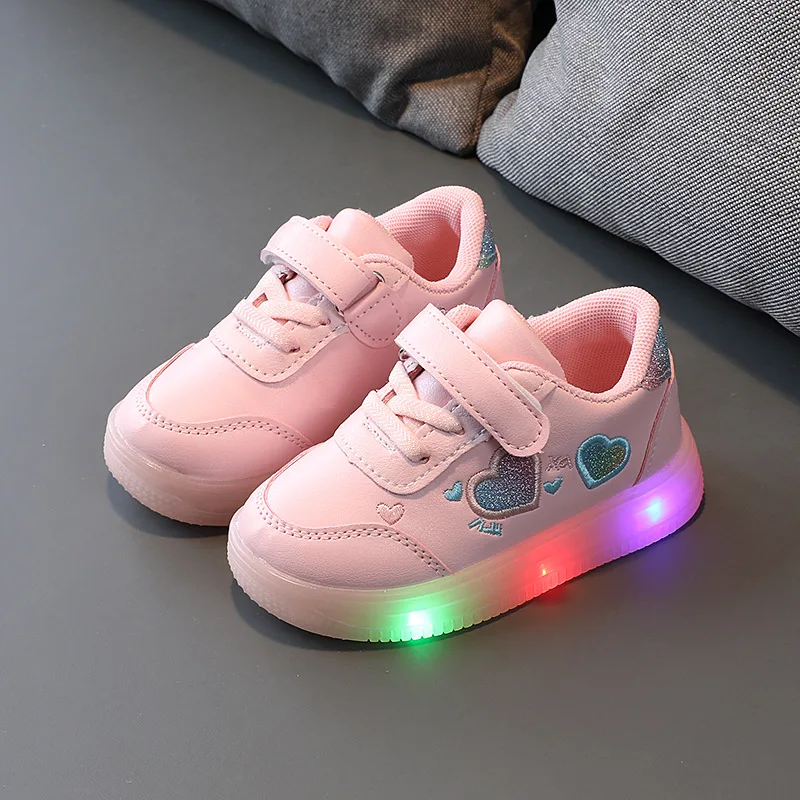 

Kids Girls Pink Children Leather Waterproof Casual Shoes Boys Winter Baby Led Shoes With Light Flashing Led, As shown