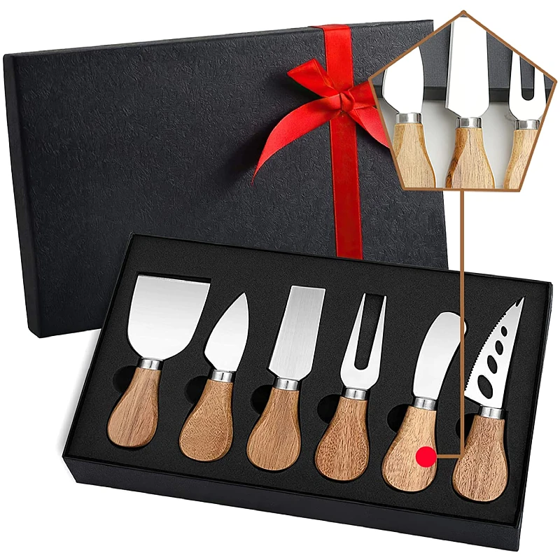 

Amazon 6 Pcs Cheese Knife Set Butter Slicer Wood Handle Stainless Steel Cheese Cutter Gadgets, Silver