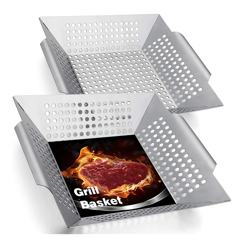 

2 Pack 12 Inch Grill Basket Stainless Steel Barbecue Grill Griddle Basket Vegetable Steak Oven BBQ Roasting Pan