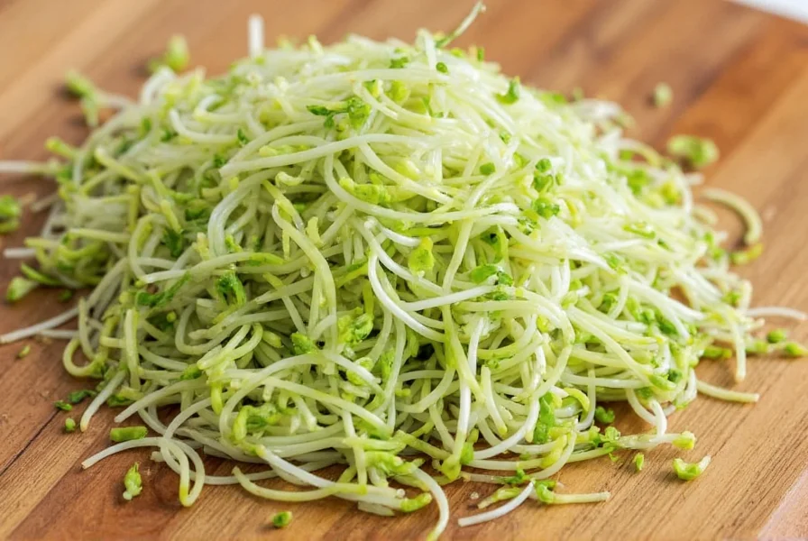 Close-up of fresh broccoli sprouts mixed with grated ginger on a wooden cutting board