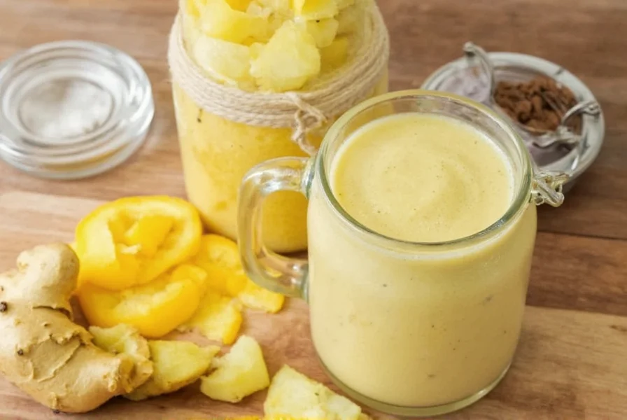Close-up of fresh ginger root being fed into a masticating juicer with juice collecting in a glass