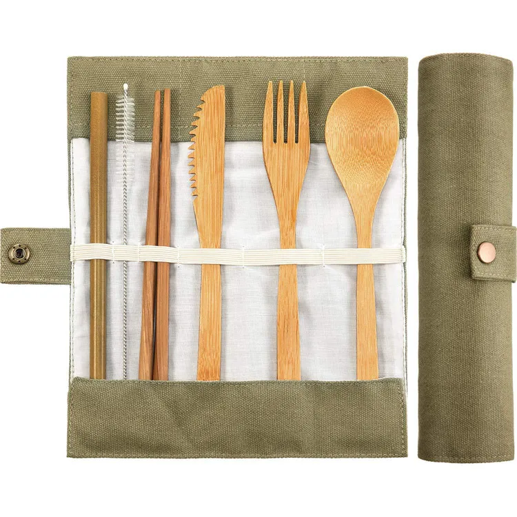 

H81 6pcs Sets Reusable Outdoor Portable Dinnerware With Rolling Bag Flatware Eco Friendly Bamboo Spoon Fork Knife Set, Multi