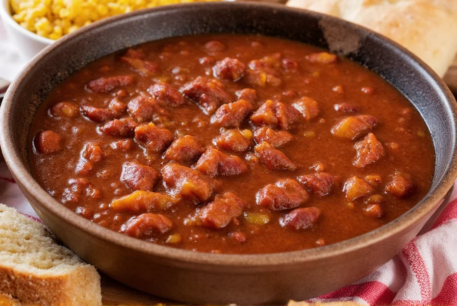Authentic Ike's Chili served in a cast iron pot with cornbread on the side, showing rich reddish-brown color and visible meat chunks