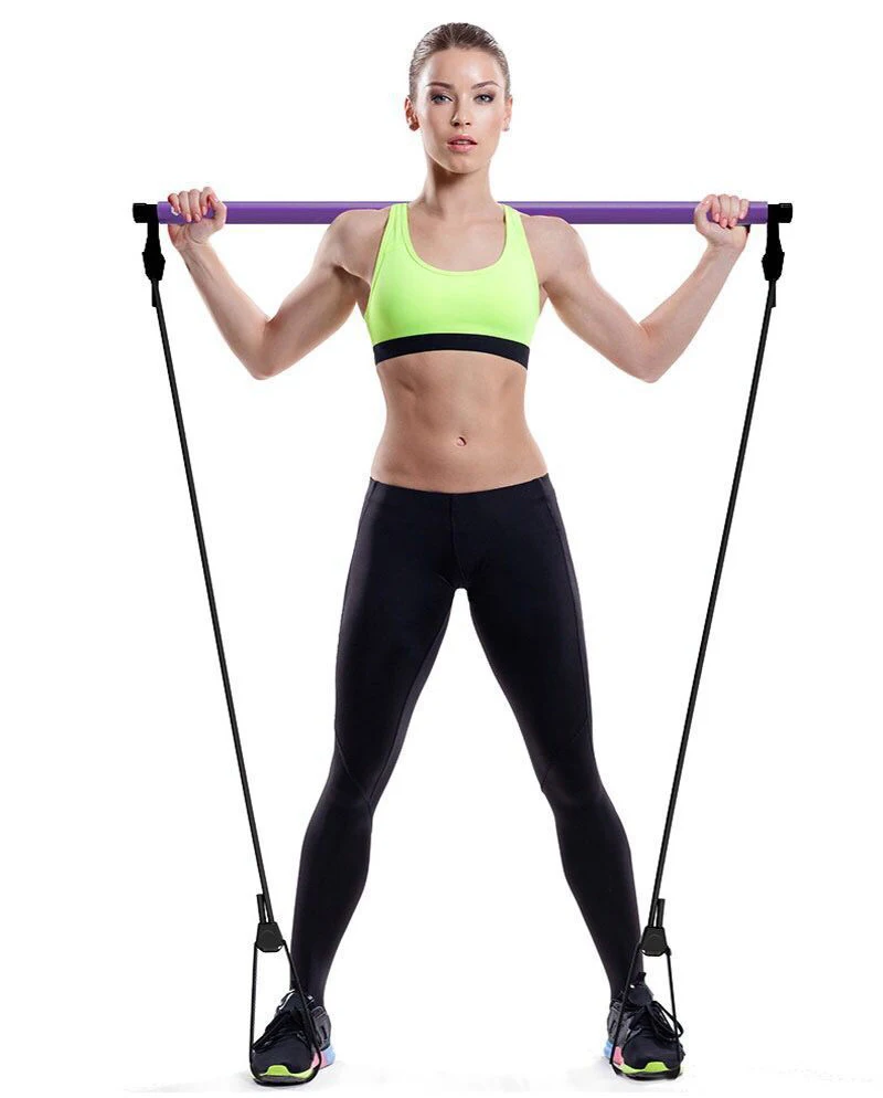 

Portable Yoga exercise Pilates Stick/pilates bar kit with resistance band high quality 2 Foot Loops Lightweight Trainer, Pink, purple