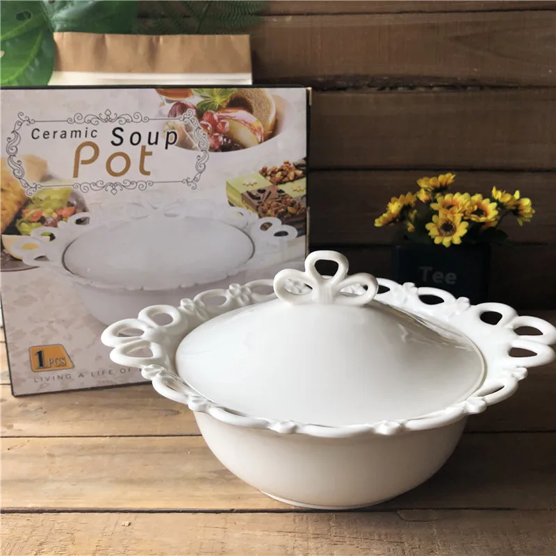 
wholesale high quality round white ceramic embossed soup tureen 