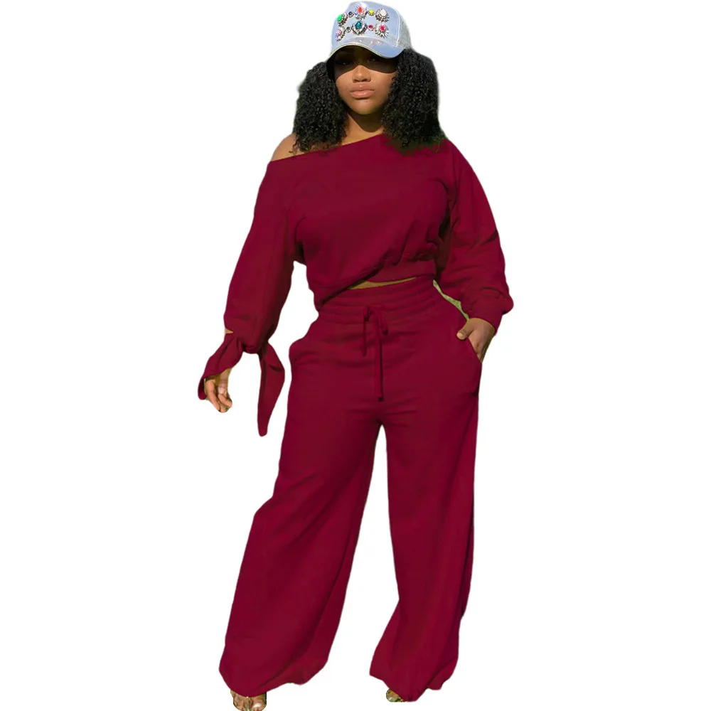 

Women tracksuit set Casual O-Neck Belt Long Sleeve Crop Sweater Wide Leg Pants Solid 2 Pieces Set Outfits Tracksuit, Picture show