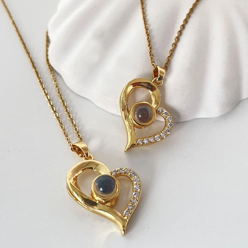 

Wholesale Photo Projection Brass 100 Languages I love you necklace Gold Plated Heart Diamond Jewelry For Women