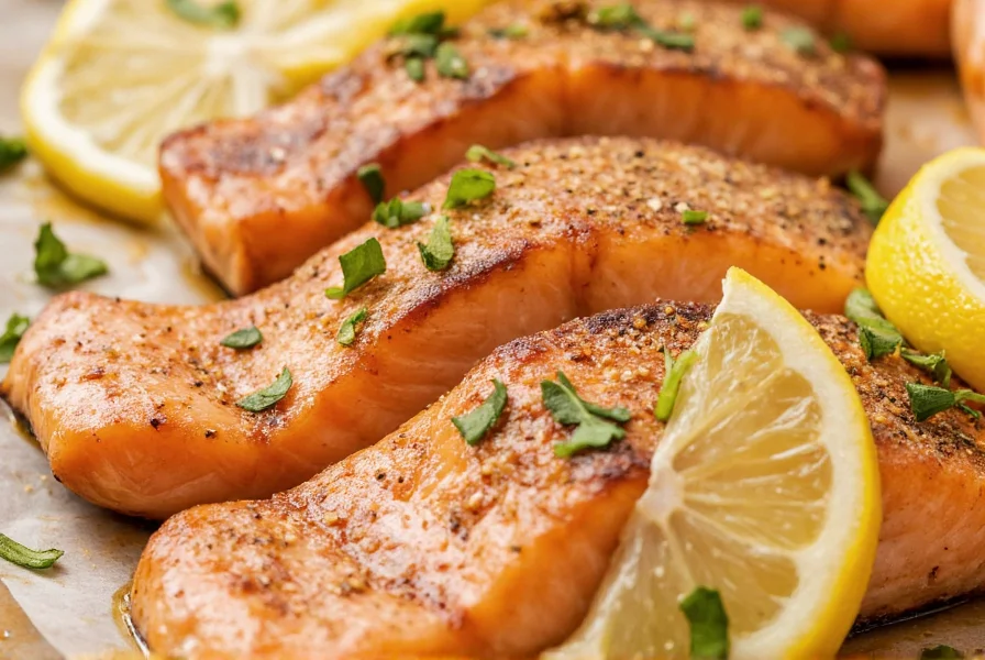 Close-up of Kinders Lemon Pepper seasoning sprinkled on grilled salmon with lemon slices and fresh herbs