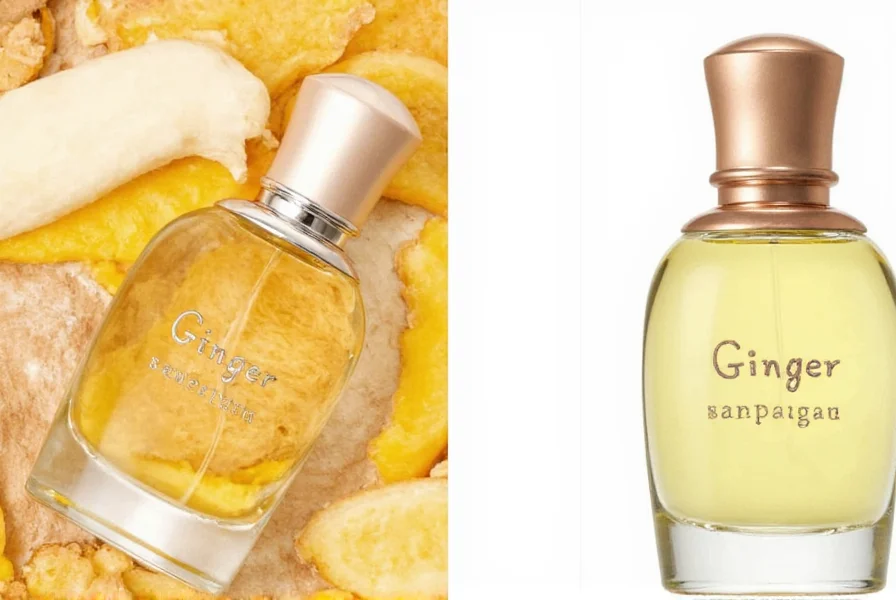Close-up of fresh ginger root next to perfume bottle showing natural ingredients for ginger perfume formulation