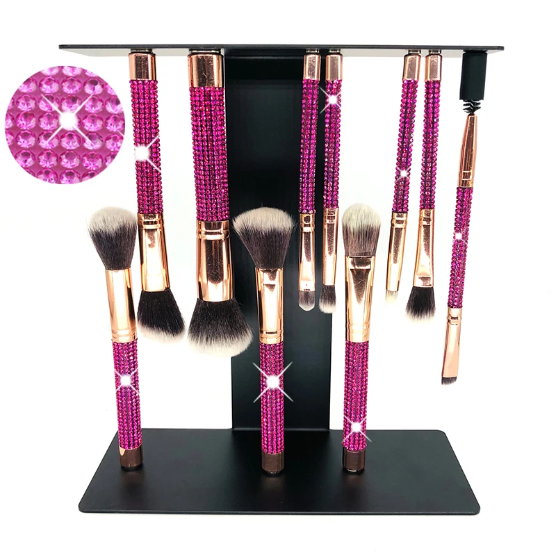 

Luxury High Quality Professional Vegan Makeup Brushes Private Label Custom Logo Champagne Set Make Up Brushes With Diamonds, As pictures