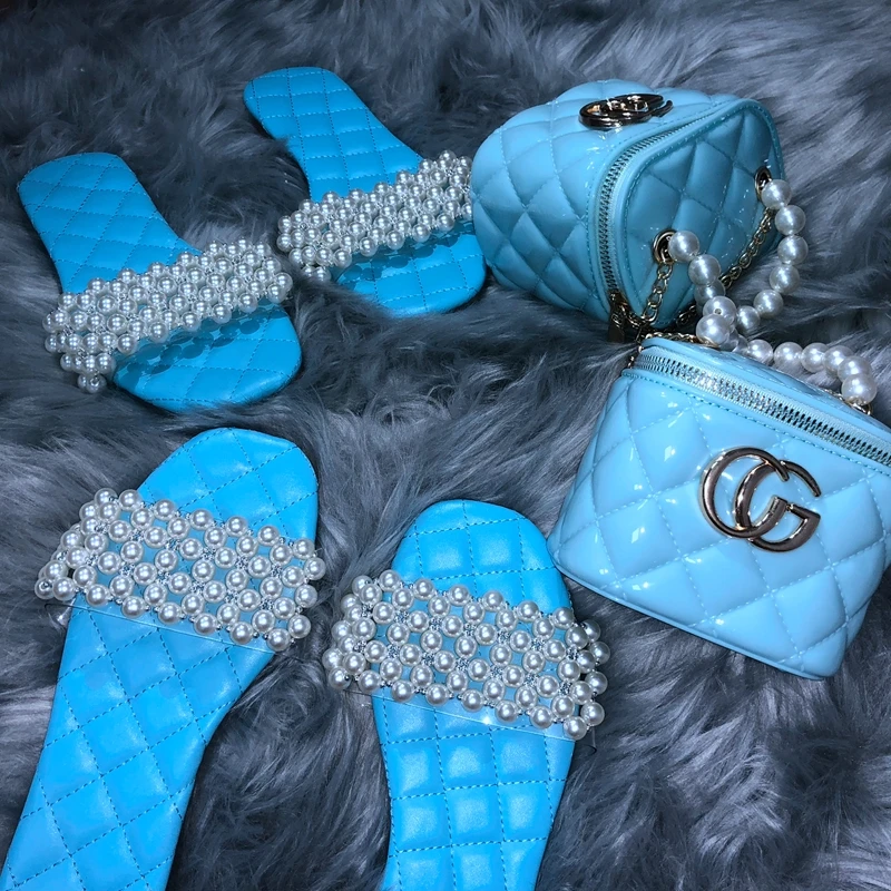 

2022 summer new trendy women pearl sandals mat flat slides slipper sandals