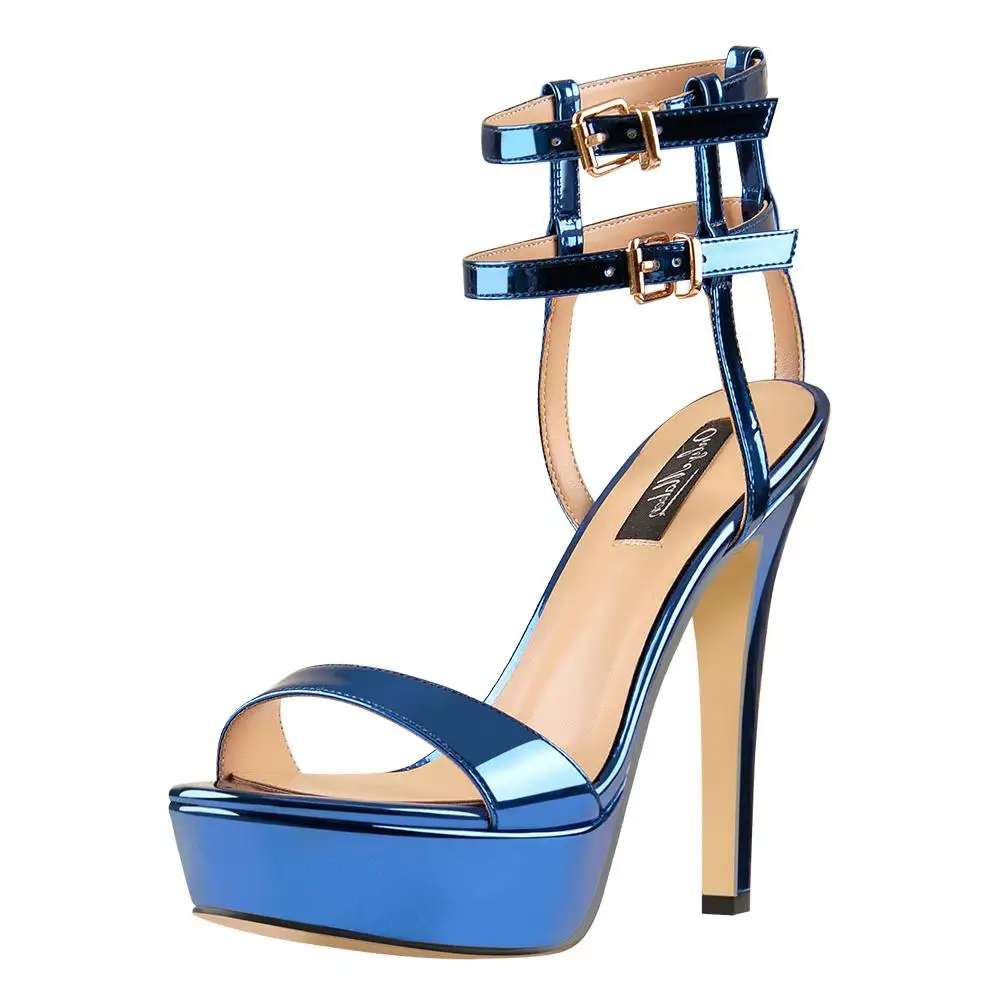 

Ankle Double Buckle Strap Platform Stiletto High Heels Sandals, Blue