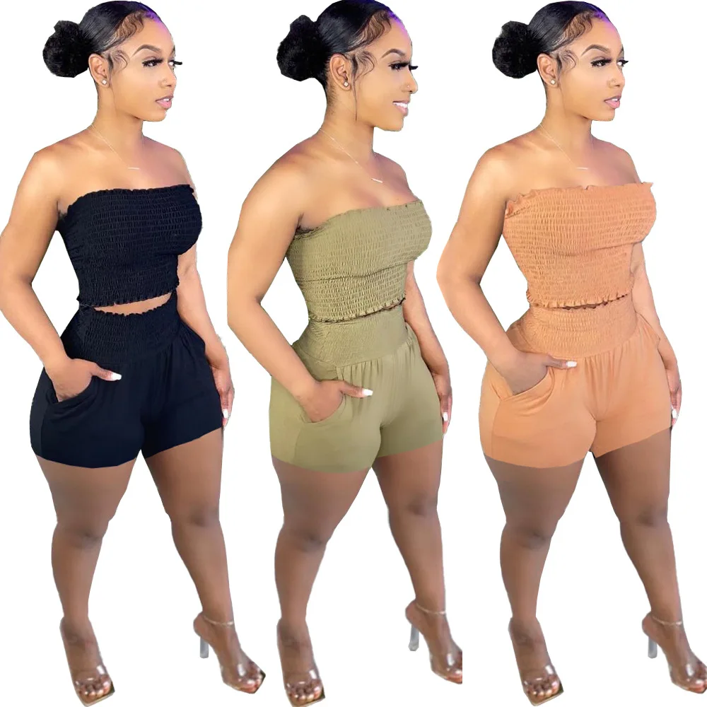 

new arrivals 2021 Elastic tube top solid color two-piece suit body sculpting sexy casual 2 piece set women