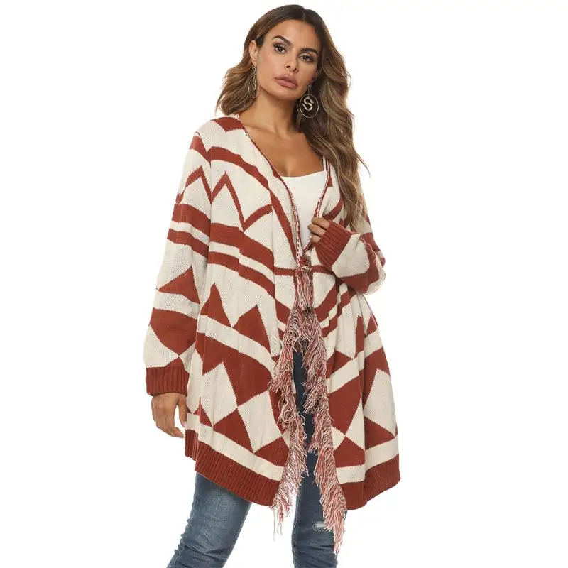 

Wholesale 2021 Women's Autumn/winter Woven Sweater Coat Ringer Irregular Mosaic Tassel Thick Cardigan Women, Orange