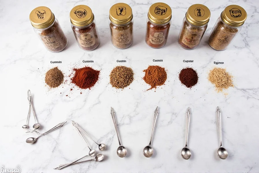 Various spice jars arranged for cumin substitution options with measurement spoons