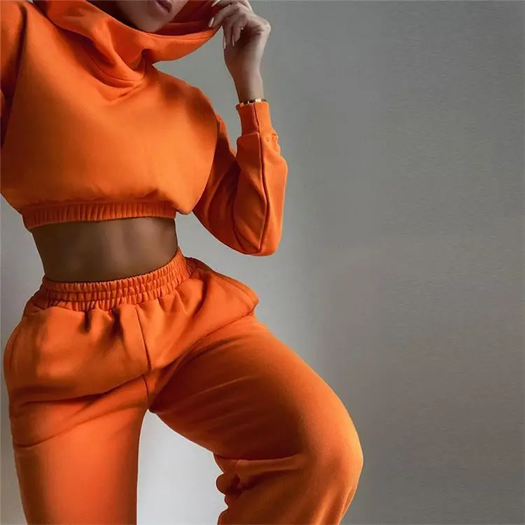 

Fall Sports Crop Tops 2Pcs Set Woman Solid Color Sweatpants And Hoodie Womens Two Piece Pants Set Women Clothing