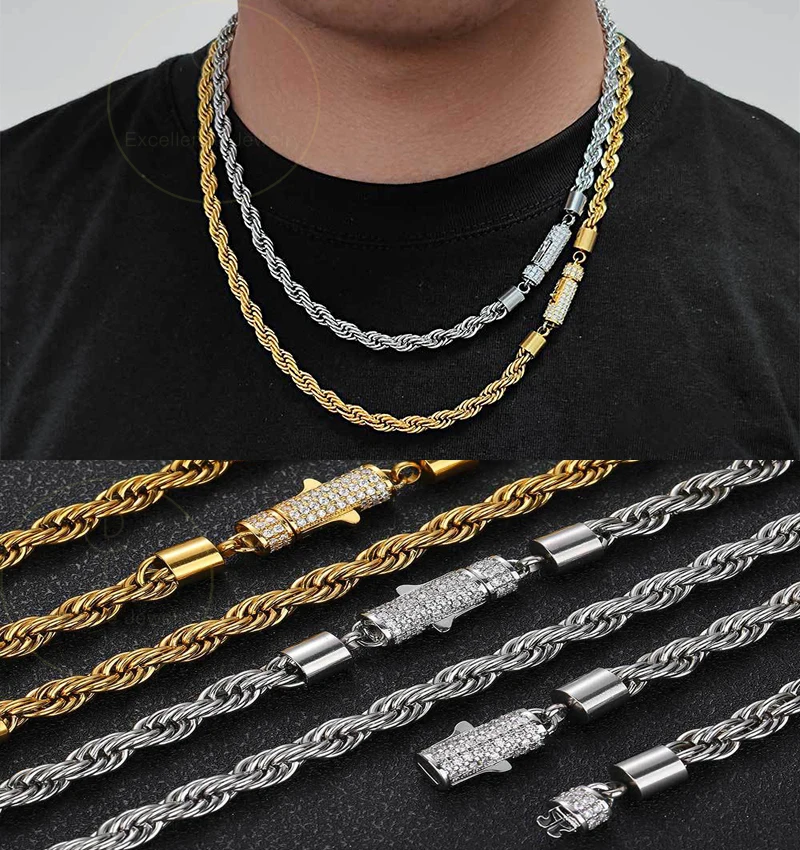 

New Style Women Men Jewelry 6mm Zircon Iced Out Clasp Stainless Steel Diamond Buckle 18K Gold Plated Twist Rope Chain Necklace
