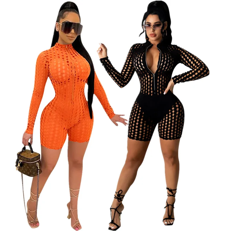 

2021 Hot selling plus size romper holes outside sexy see through luxury caged short jumpsuit women, Photo color