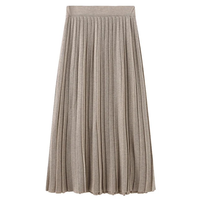 

Oatmeal knitted pleated skirt high waist large over Knee Skirt super thin wool skirt for women autumn winter