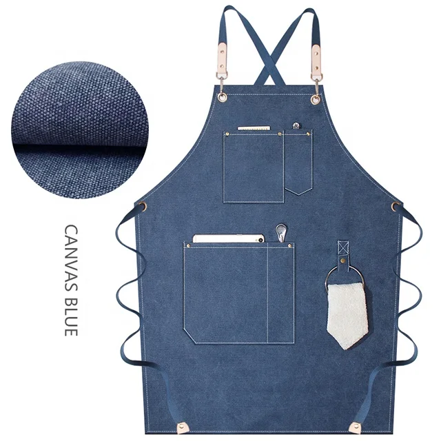 

SunYue Custom Waterproof Chef Barista BBQ Canvas Bar Work Apron With Leather Straps, Can be customized
