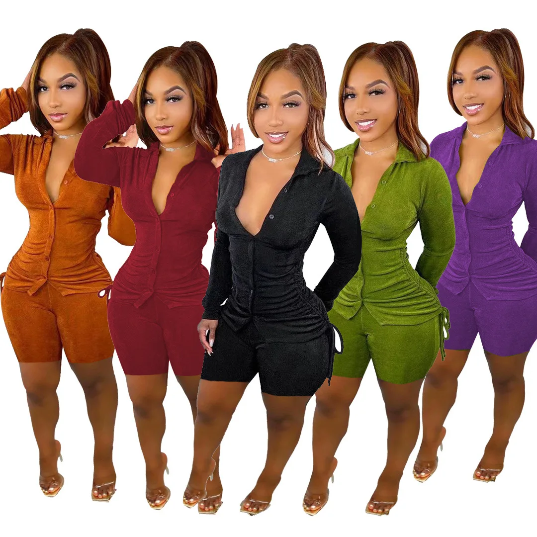 

2022 Spring New Style Button Pleated Blouse And Shorts Set Ruffle 2 Piece Pants Set Two Piece Shorts Set Women