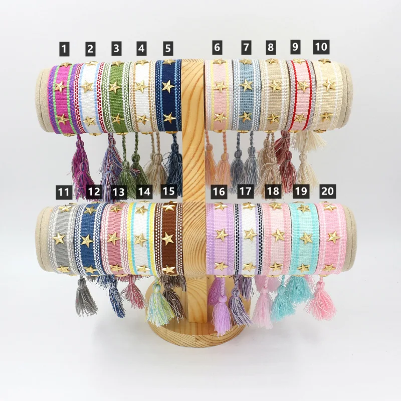 

Golden Pentagram Metal Rivets Webbing Bracelet Star Customizable Personalized Tassel Wristband