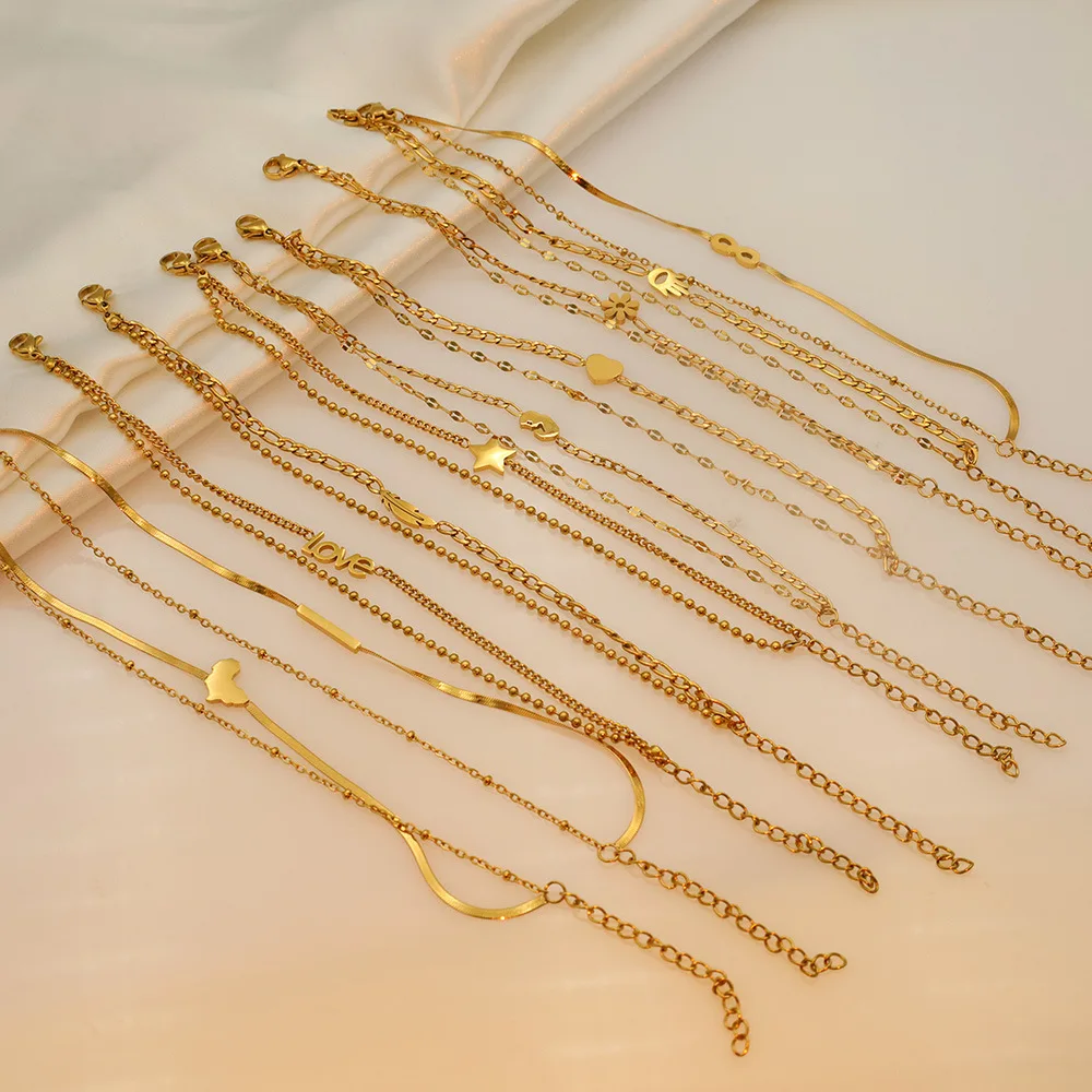 

18k Gold Plated Double Layers Letter Heart Flower Snake Chain Bracelet Non Tarnish Stainless Steel Map Bracelets Women Jewelry