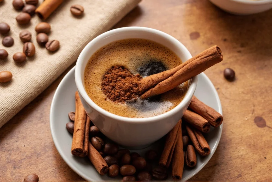 Close-up of ground cinnamon being sprinkled into a coffee cup with steam rising