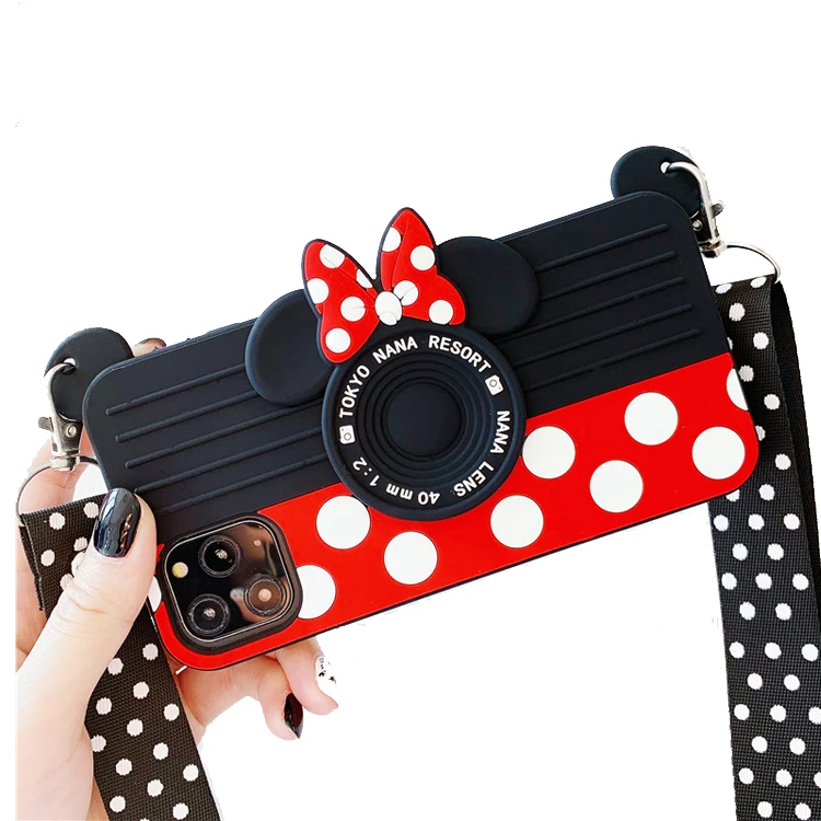 

2020 New Arrivals 3D Cartoon Cute Minnie Camera Lanyard Bracket Soft liquid Silicone Case for iPhone 12 11 Pro max Case