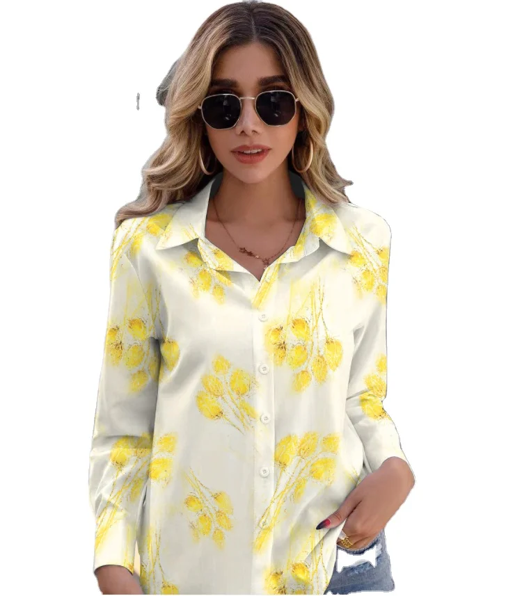 

2022 new women's top long sleeve Lapel women's shirt Light yellow shirt for women