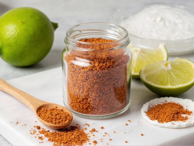 Homemade tajin seasoning in glass jar with lime