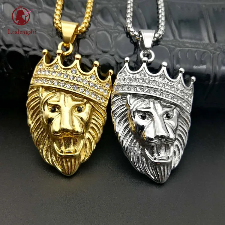 

Personalize Rapper Hips Hop Jewelry Inlay Rhinestone Crown Necklace Stainless Steel Cubic Zircon Animal Lion King Head Necklace