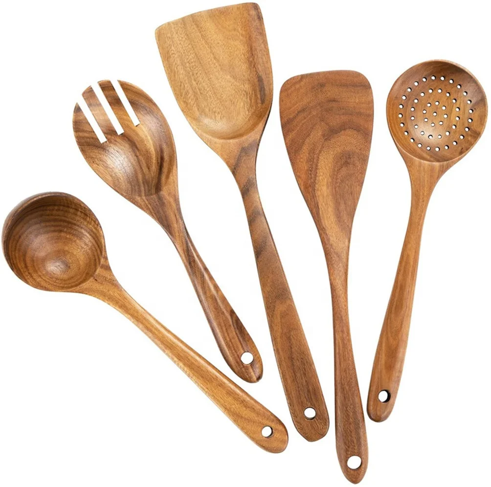 

5 PCS Acacia Wooden Spoons and Spatula for Cooking, Sleek, Sold and Non-stick Cookware for Home Use