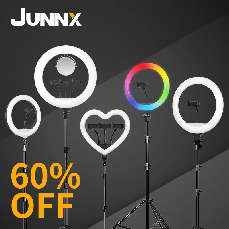 

JUNNX Phone Circle Heart Shaped Dimmable 6inch 10 12 13 14inch 16inch 18 21 22 inch Makeup Selfie Ringlight with Tripod Stand, Black