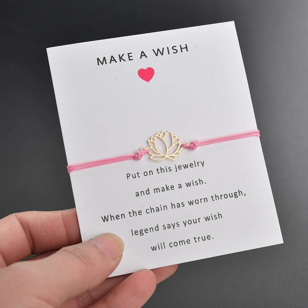 

Gold Color Lotus Flower Charm Braided Rope Bracelets Make A Wish Card  Woven Friendship Bracelet