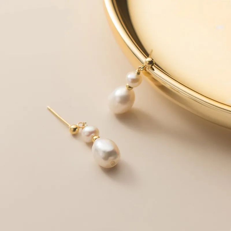 

Vintage Fashion Jewelry Layered Pearl S925 Sterling Silver Drop Earrings Irregular Baroque Pearl Drop Earrings