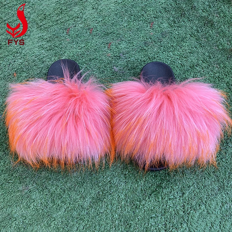 
Custom logo design women and baby real raccoon fur slippers ladies fur racoon slides 