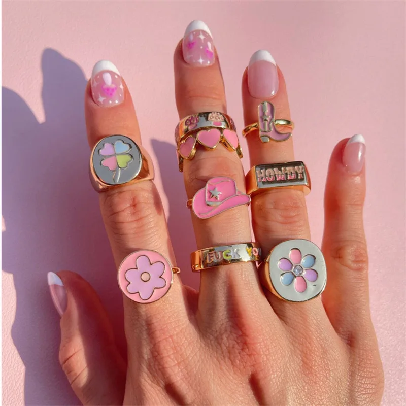 

Delicate Stainless Steel Colorful Stackable Cute Pink Enamel Heart Flower Four Leaf Clover Finger Rings Band for Women Jewelry